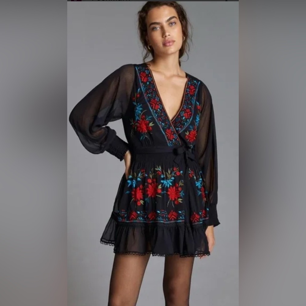 Anthropologie Not So Serious Embroidered Wrap Mini Dress,Size-XS(S/?M may ware)